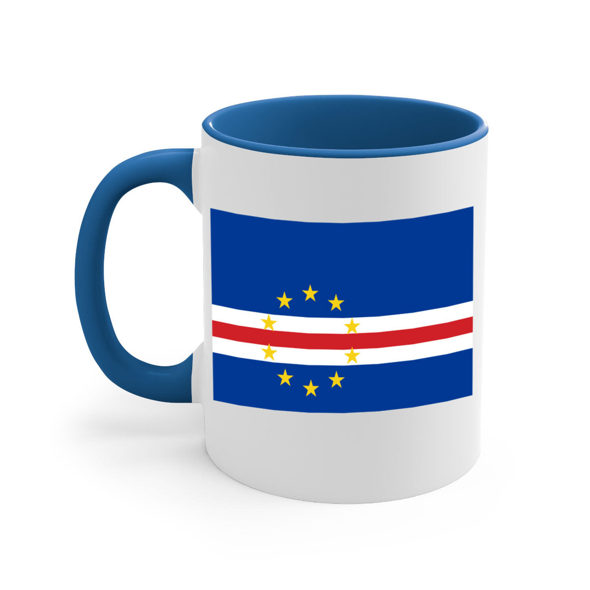 Cabo Verde 169# Mug featuring a glossy finish with a colorful handle and interior, available in multiple sizes.